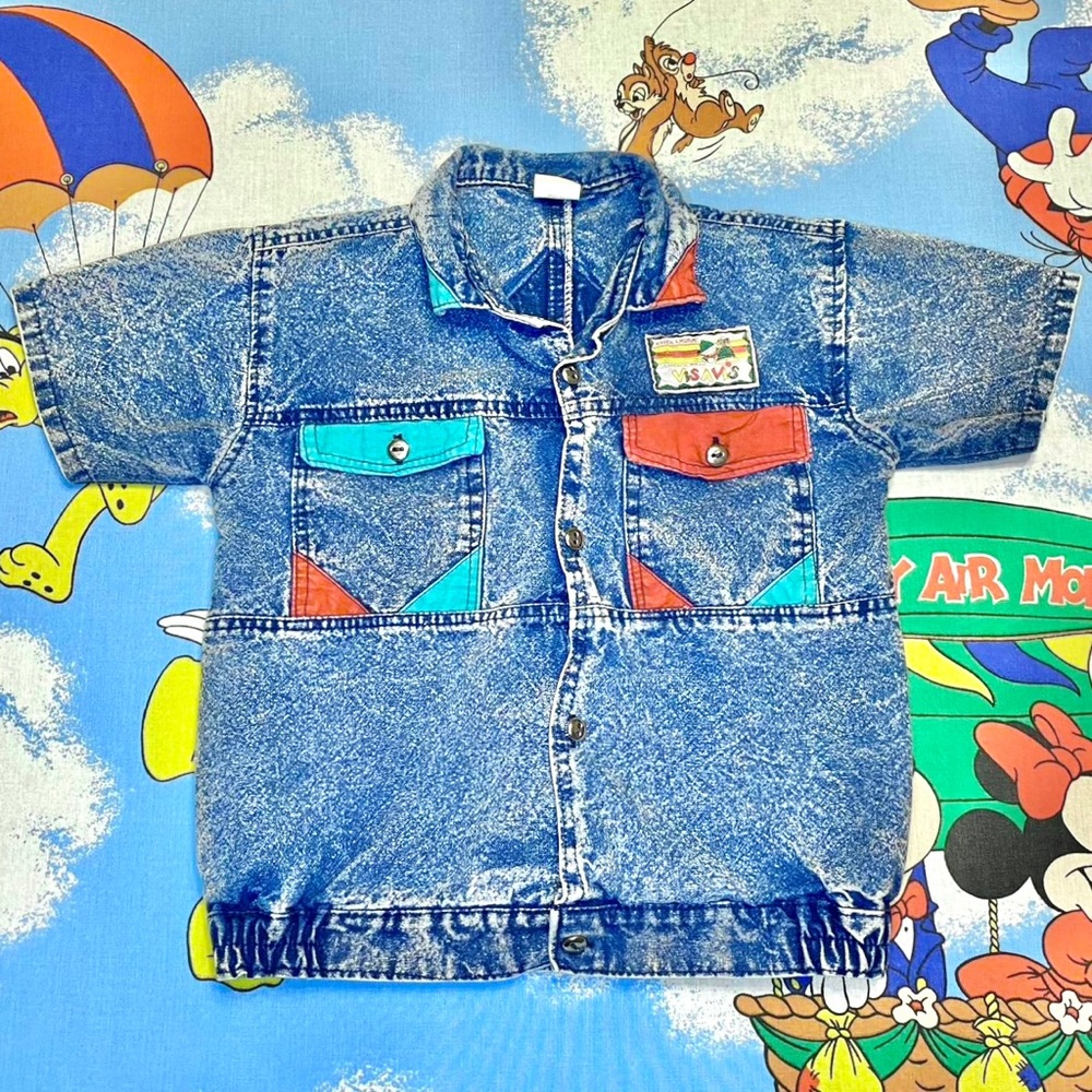 Vintage 90s blue & red acid wash Vis-a-Vis youth denim button up shirt 🌀